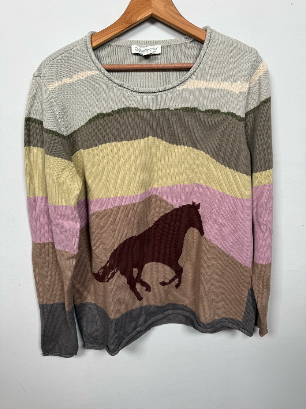 Coldwater Creek Lone Stallion Horse Scenic Knit Pullover Sweater Size M